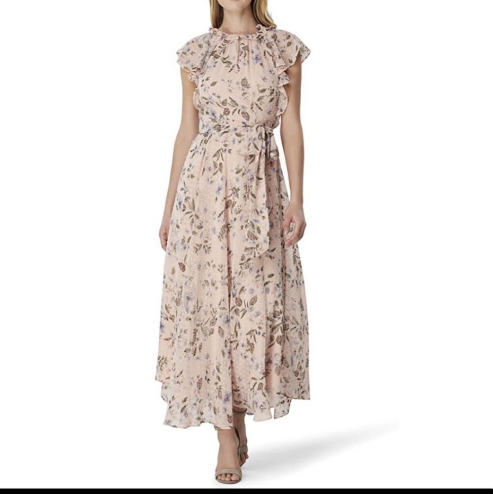 Tahari Ruffle Neck Flutter Sleeve Floral Midi Dress